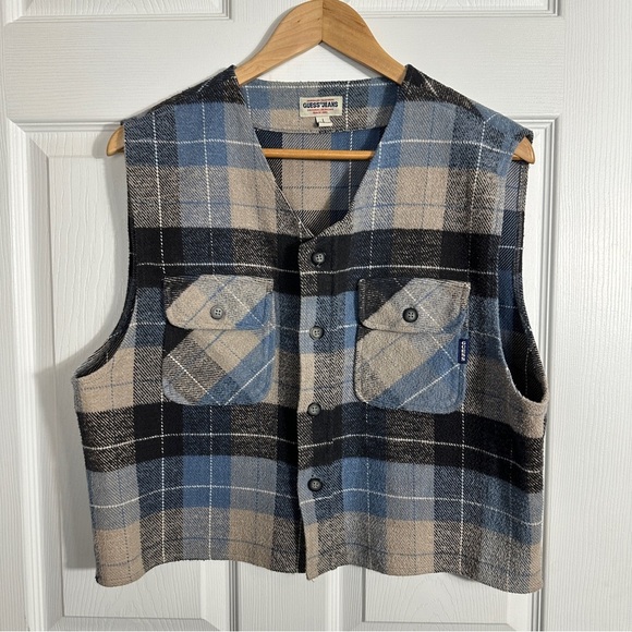 Vintage 1990s Guess women's vest, heavyweight flannel, plaid, size L, crop. - Picture 1 of 8